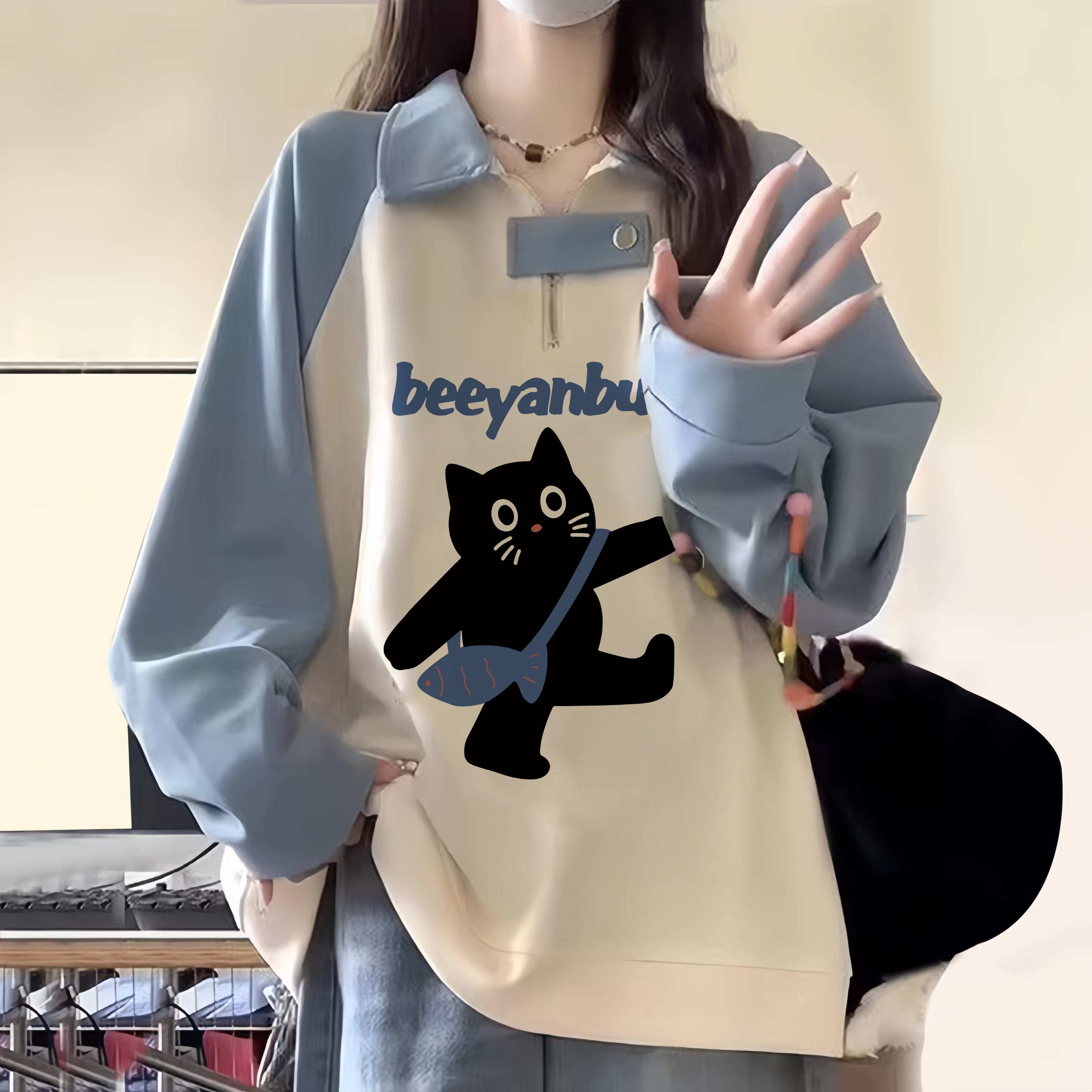 插肩polo领卫衣少女大童多巴胺秋冬季初高中大学生宽松上衣外套