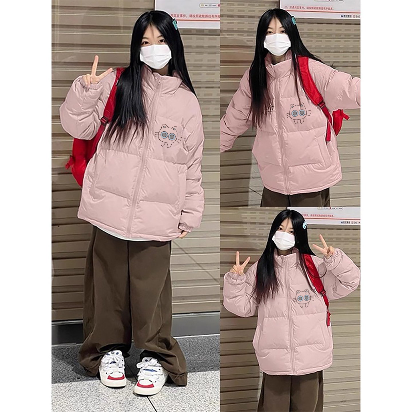 粉色美式潮牌立领羽绒棉服女大童秋冬韩系初中高中生宽松棉袄外套