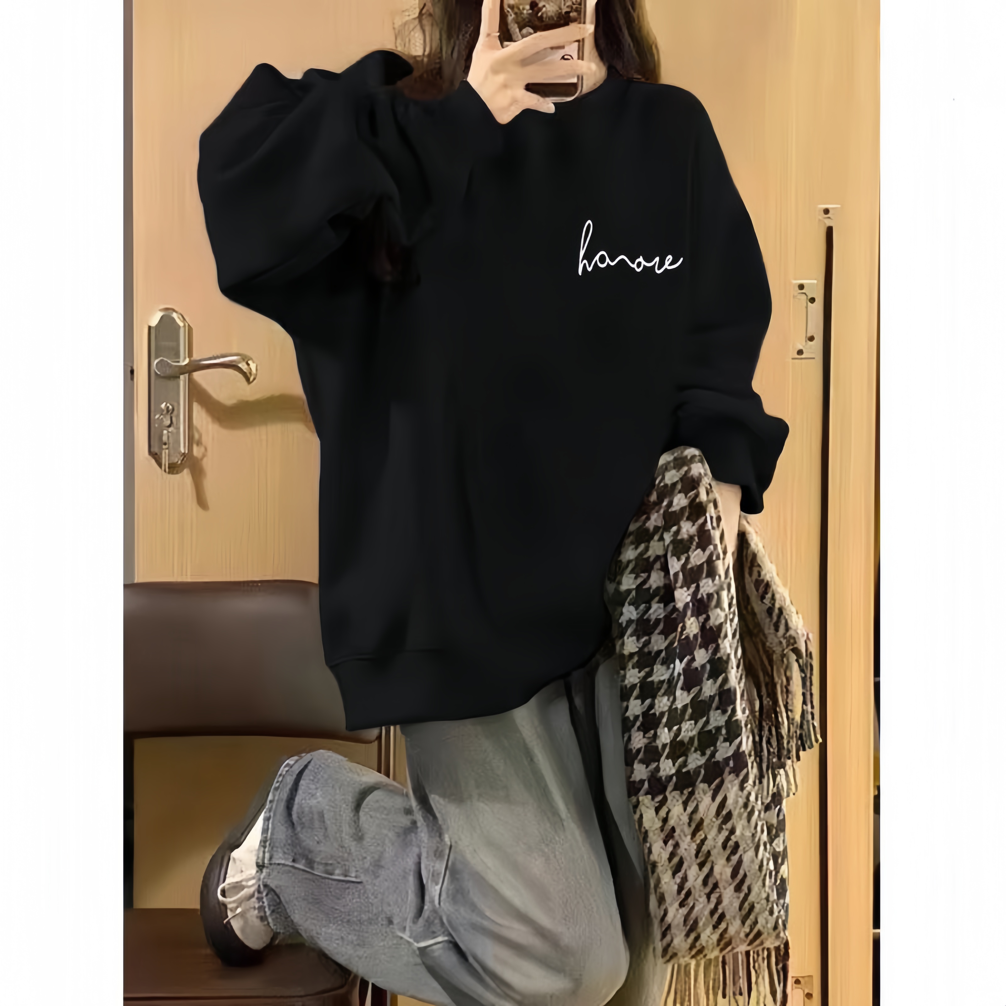 黑色纯棉长袖卫衣少女大童春秋初中高中学生oversize无帽宽松上衣