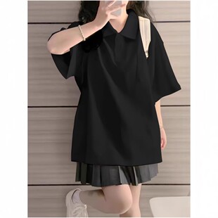 大童学院风黑色polo衫短袖t恤少女夏初中高中学生小个子宽松上衣