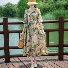 棉麻连衣裙夏季新款碎花复古大码女装宽松收腰显瘦大摆洋气长裙子
