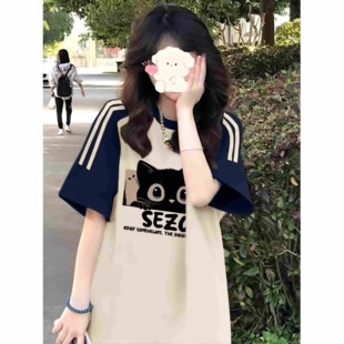 美式插肩袖t恤少女大童夏季独特三条杠撞色初中高宽松短袖上衣