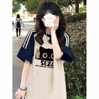 美式插肩袖t恤少女大童夏季独特三条杠撞色初中高宽松短袖上衣