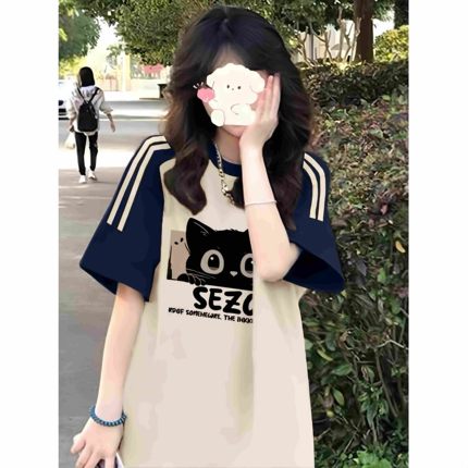 美式插肩袖t恤少女大童夏季独特三条杠撞色初中高宽松短袖上衣