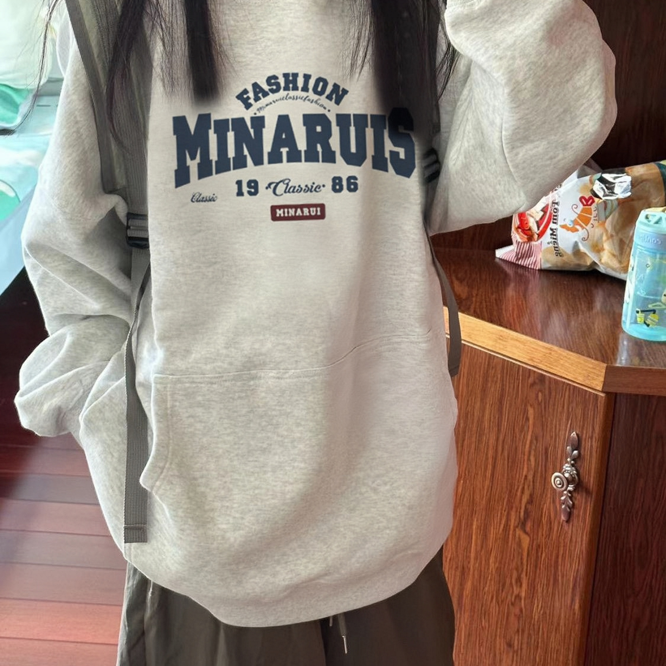 白灰色纯棉连帽卫衣少女大童加厚