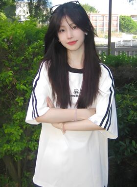 美式撞色三条杠短袖t恤少女大童夏初中高中生潮牌半袖纯棉白上衣