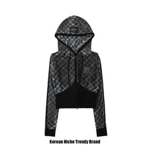 badblood美式复古辣妹格子连帽卫衣头印花短款休闲慵懒外套上衣女