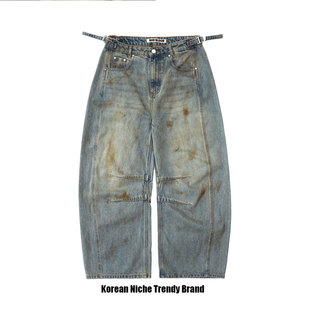 badblood美式街头复古韩国脏染做旧弯刀牛仔裤宽松休闲阔腿裤女