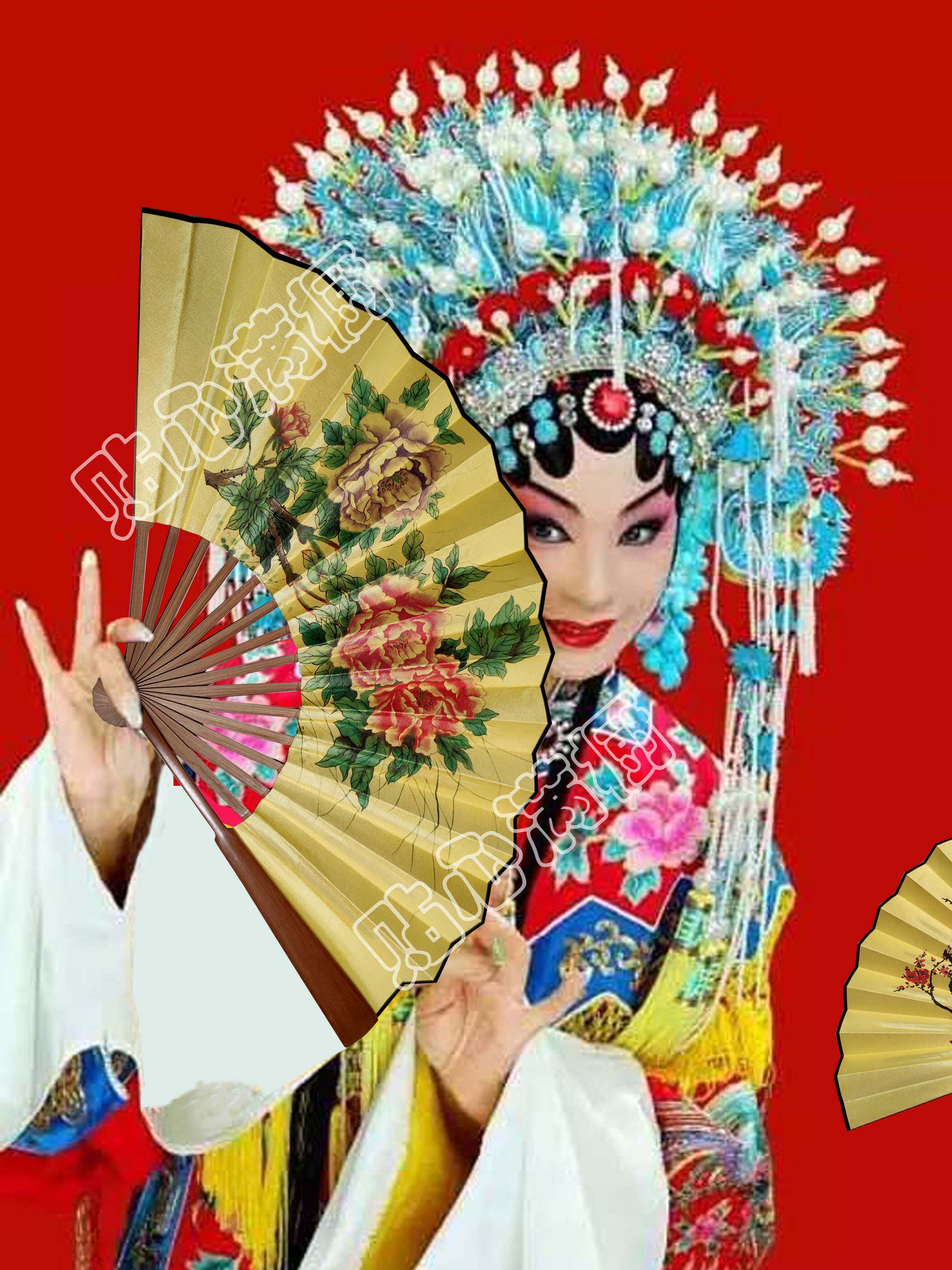 戏曲折扇刻字古装9寸10男女绢布双面古风舞蹈扇京剧牡丹梅花扇子