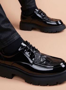 皮鞋男厚底黑色圆头复古英伦风2026新款百搭亮皮增高潮流休闲男鞋