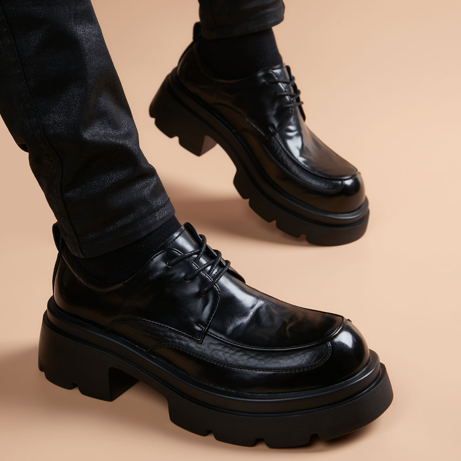 英伦风真皮大头厚底增高德比鞋