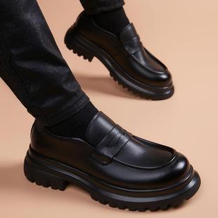 软皮男鞋 皮鞋 英伦真皮一脚蹬德比鞋 厚底增高套脚乐福鞋 男2025新款
