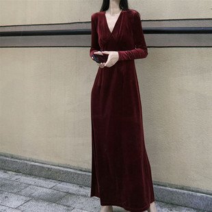 金丝绒连衣裙女2024年新款洋气春款长袖宽松显瘦内搭打底长裙