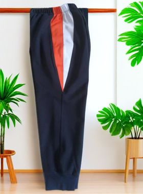 中小学生校服裤子藏蓝拼接桔色白色三角条直筒休闲运动校裤可定制