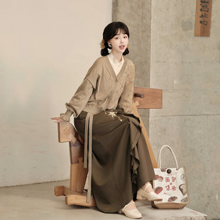 上衣半裙三件套套装 素开衫 原创枫亭晚汉服日常百搭中国风改良汉元