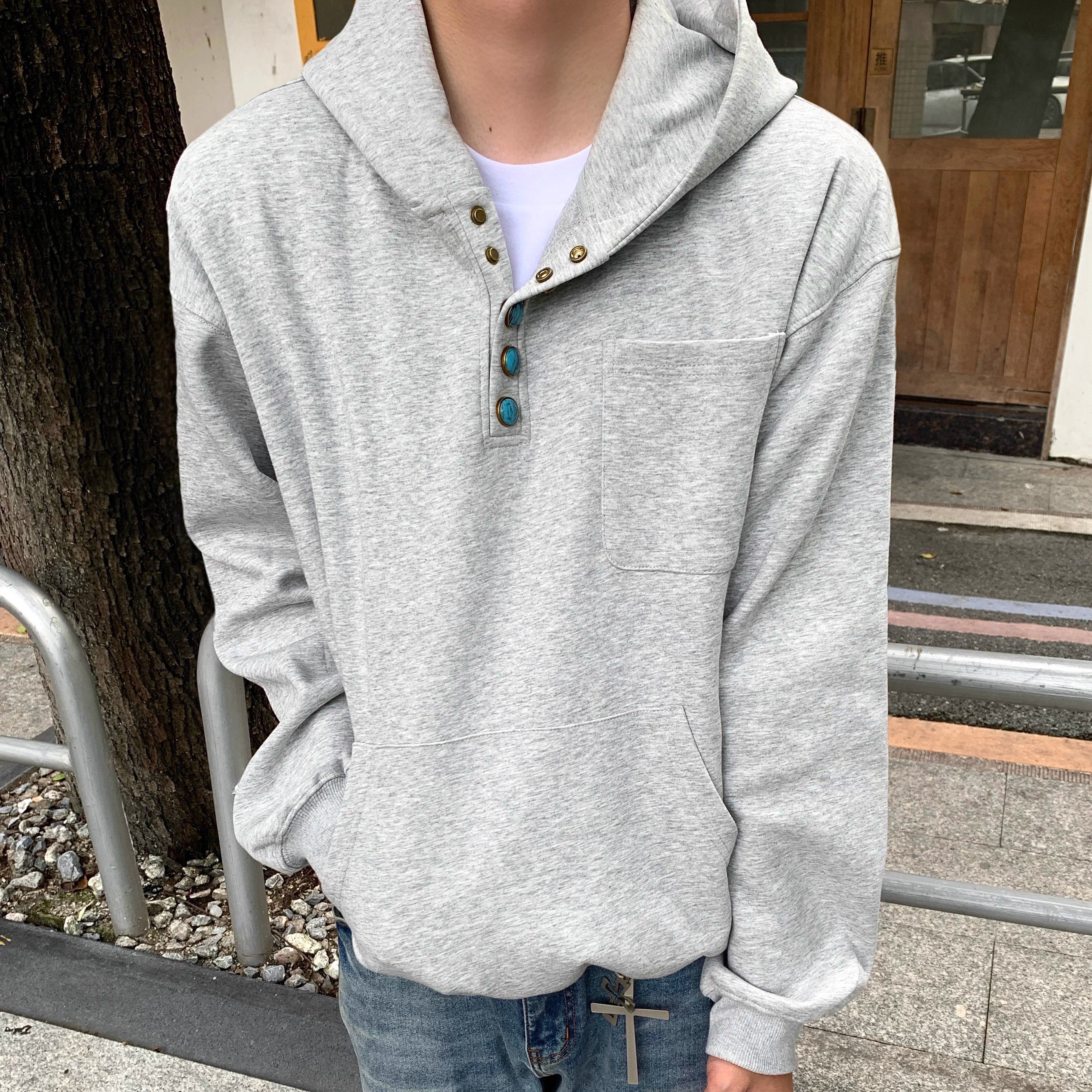 ZHIOS复古玛瑙纽扣口袋连帽卫衣秋冬男女纯色百搭cleanfit帽衫