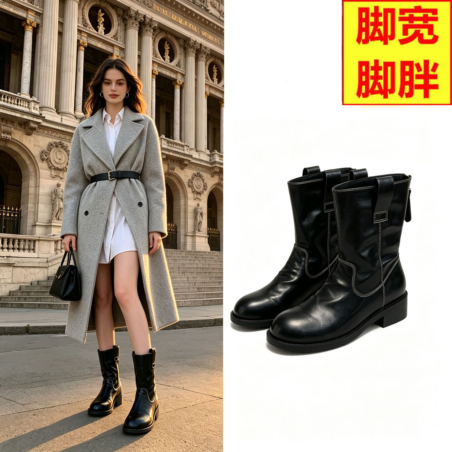 法国【YUANYI】马丁靴胖mm粗腿加宽大码女靴41到43新款短靴秋季
