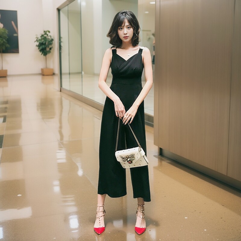 小个子吊带连体裤女夏v领通勤高腰阔腿裤显瘦背带连衣裤黑色露背