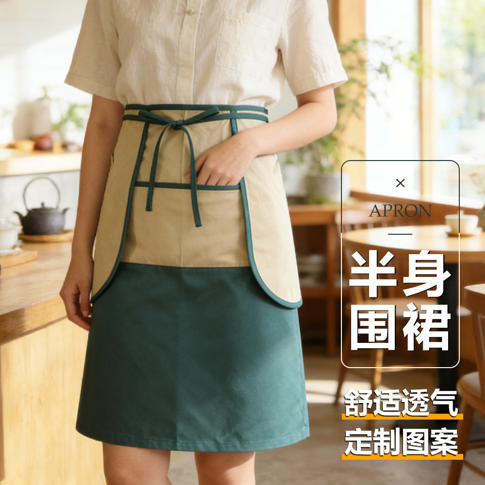 高端半身围裙工作服纯棉四季通用餐厅面馆透气服务员围腰定制logo