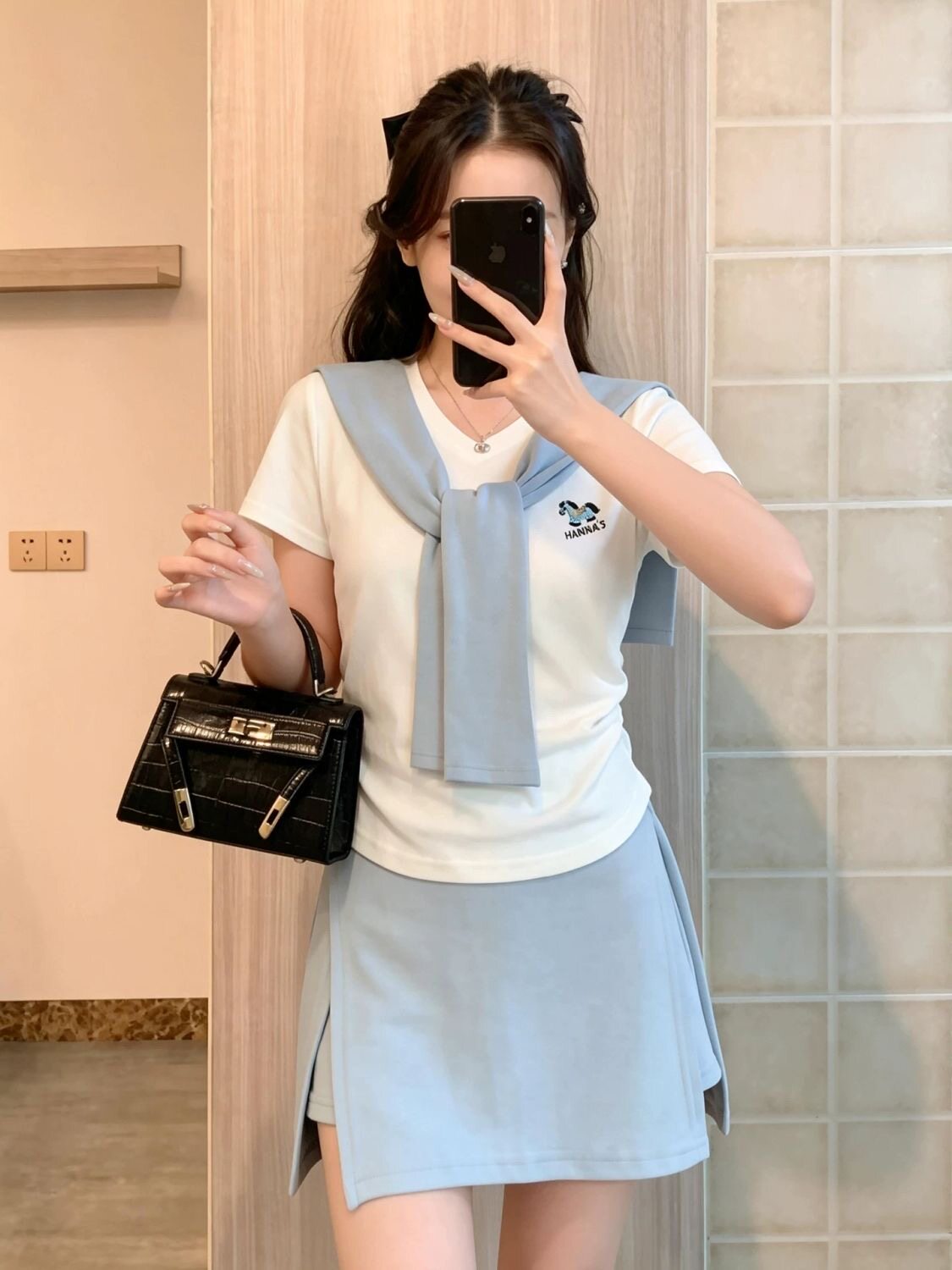 学院风休闲套装女短袖T恤上衣夏修身显瘦韩版时尚披肩短裙三件套