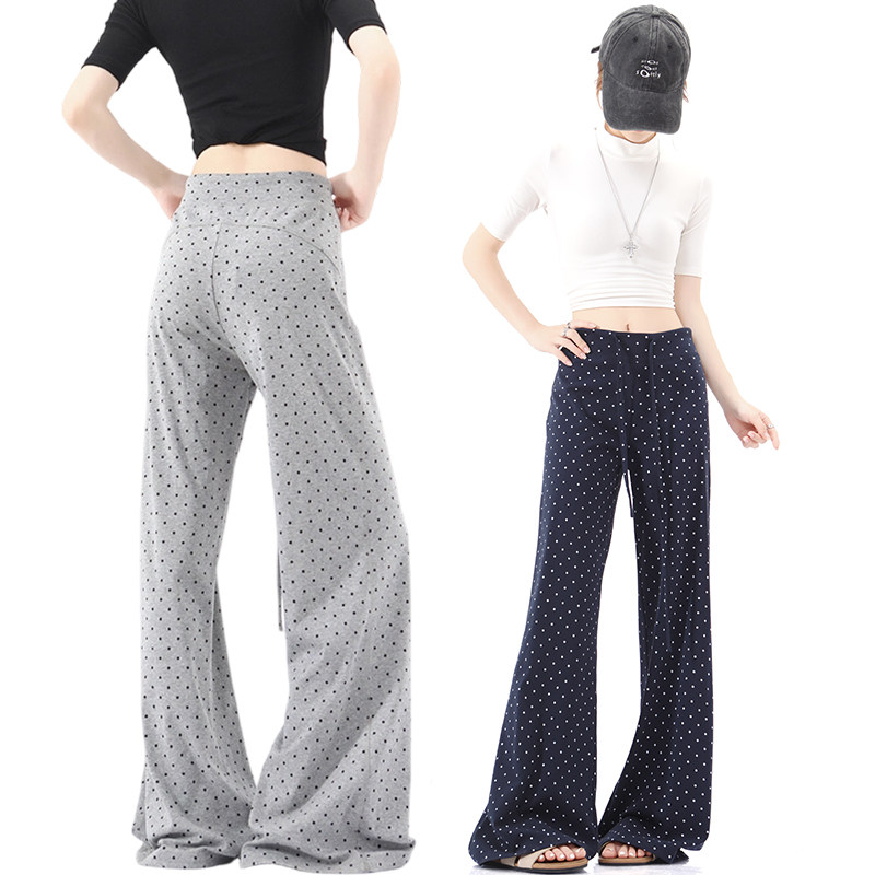 实拍纯棉波点满印微喇裤子女卫裤美式复古辣妹高腰显瘦修身休闲裤