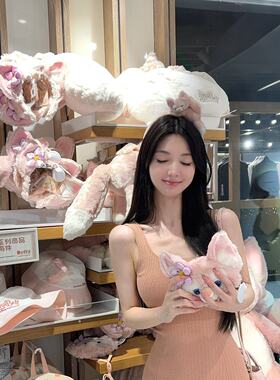 韩国DFAY 蜜桃玫瑰金 修身弹力冰丝方领连衣裙女夏小个子心机辣妹