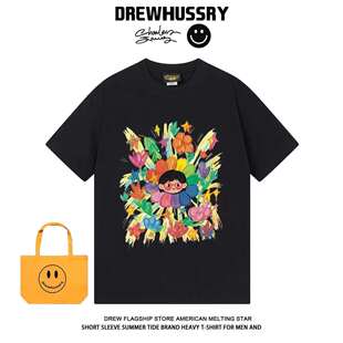 DREW美式 T恤男女潮流纯棉圆领上衣ins 彩色花朵花女孩涂鸦印花短袖
