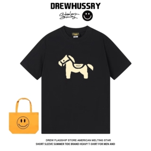 drew卡通杏色简约小马印花百搭街头正肩短袖 T恤男女宽松小众上衣