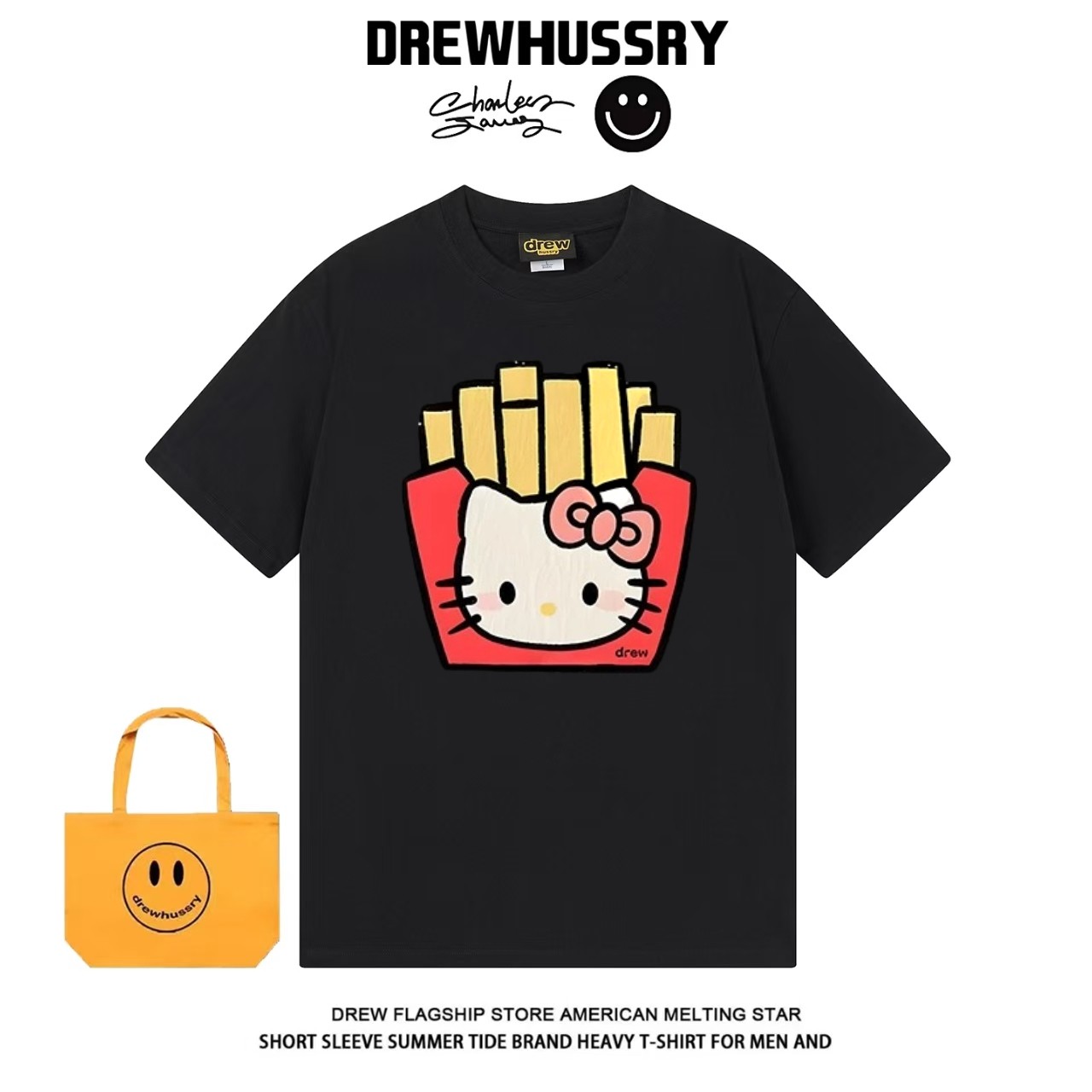 drew美式卡通薯条Kitty猫印花休闲百搭重磅纯棉男女街头短袖T恤