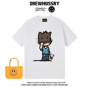 drew美式 T恤男女宽松纯棉百搭小众上衣潮 卡通男孩Kitty猫印花短袖