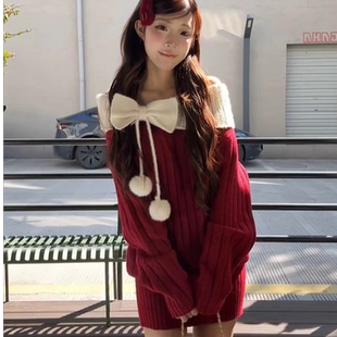 圣诞穿搭红色毛衣连衣裙女秋冬季宽松蝴蝶结拼色一字肩针织衫上衣