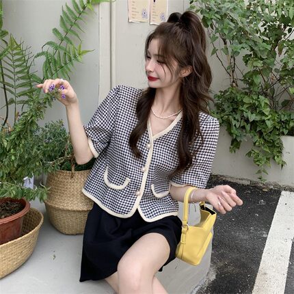 夏装小香风显瘦宽松短袖开衫上衣百搭千鸟格洋气女款休闲衬衫外套