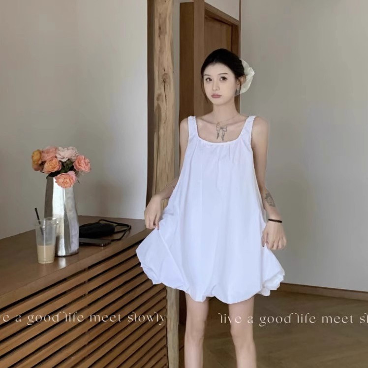 夏装温柔风宽松简约别致花苞裙韩版超好看小个子纯色A字小短裙女