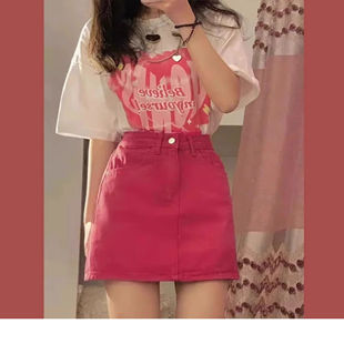夏装 纯欲风高腰A字牛仔半身裙 甜美温柔风纯色简约修身 小短裙韩版