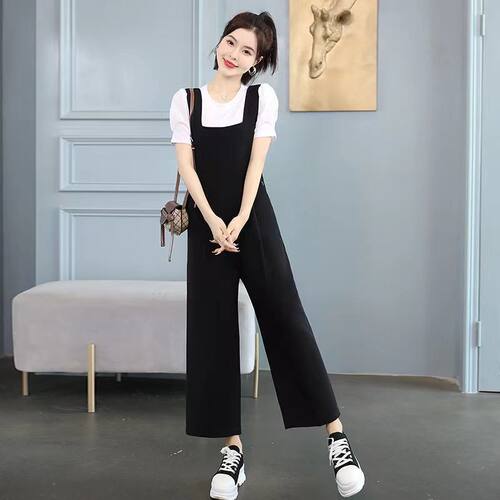 设计感双倍口袋背带裤套装女夏季