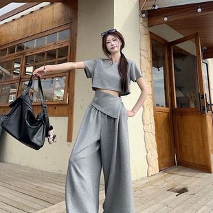 夏装慵懒风短袖露腰T恤上衣阔腿长裤子两件套时尚减龄运动女套装