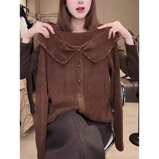 2026春季钉珠领百搭纯色T恤衫上衣韩版减龄松弛气质复古女外套潮