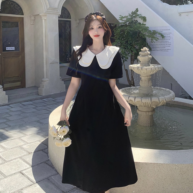 韩版娃娃领连衣裙女夏季2023新款收腰显瘦设计感拼色短袖过膝长裙