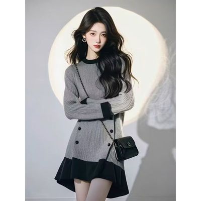 秋冬装松弛甜美高端拼色连衣裙女新款收腰高级感爆款简约毛衣短裙