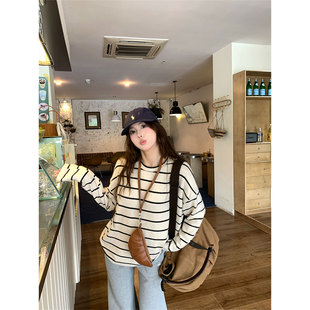 春季高级感条纹松弛设计长袖T恤打底衫韩版慵懒风高端内搭女上衣