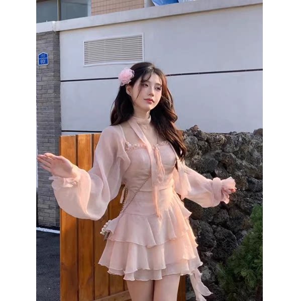 夏装超好看的软糯套装吊带蓬蓬小短裙网纱开衫外套女甜美两件套潮