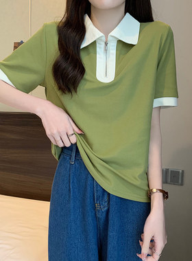 夏季半开领宽松短袖拼色polo领百搭上衣韩版潮温柔风女款T恤小衫