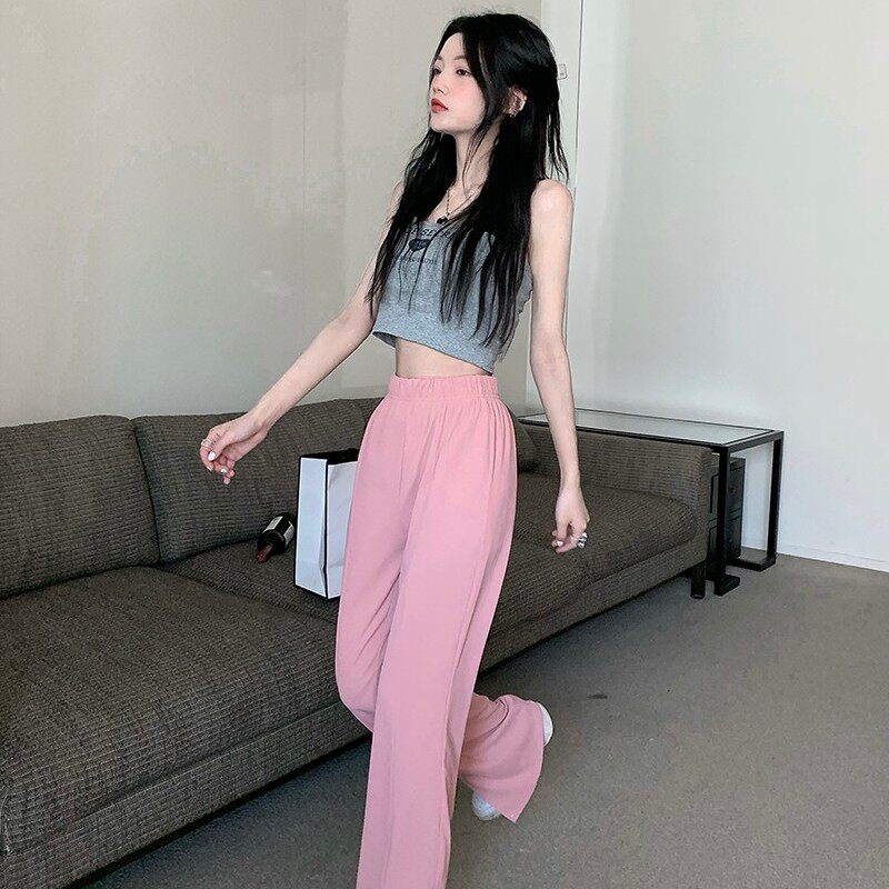 夏装百搭高腰显瘦开叉垂感休闲长裤韩版气质松紧腰拖地直筒裤子女