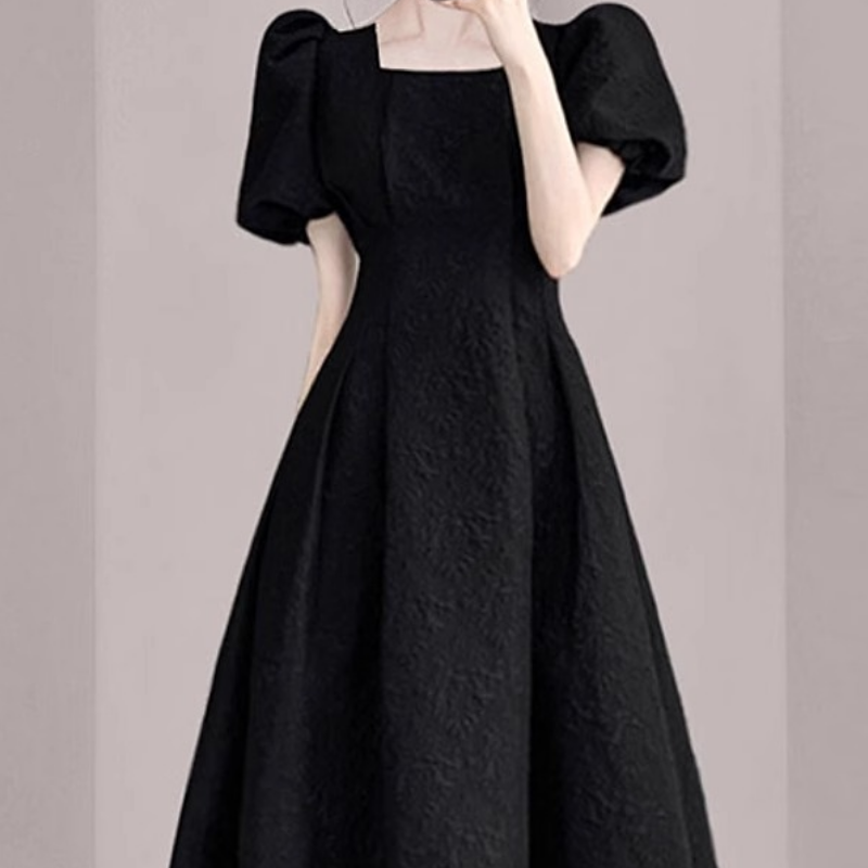 新款夏季女装法式纯色过膝短袖茶歇裙女方领收腰显瘦泡泡袖连衣裙