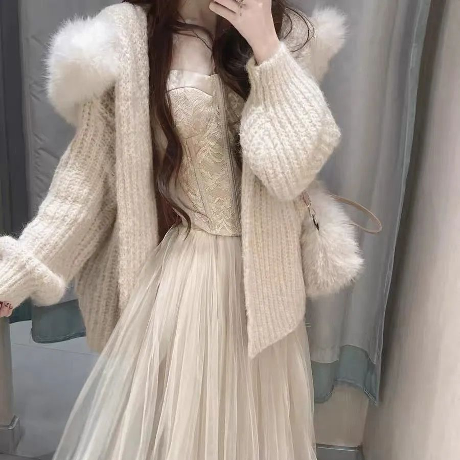 超好看毛绒领纯色宽松毛衣开衫外套韩版松弛感甜美连帽针织衫上衣