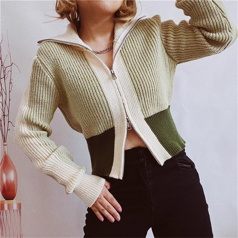 百搭双拉链拼色软糯开衫女外套韩版甜美风超好看软糯女针织衫上衣