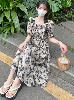 法式两种穿法收腰短袖方领长裙子2026夏季一字肩玫瑰碎花女连衣裙
