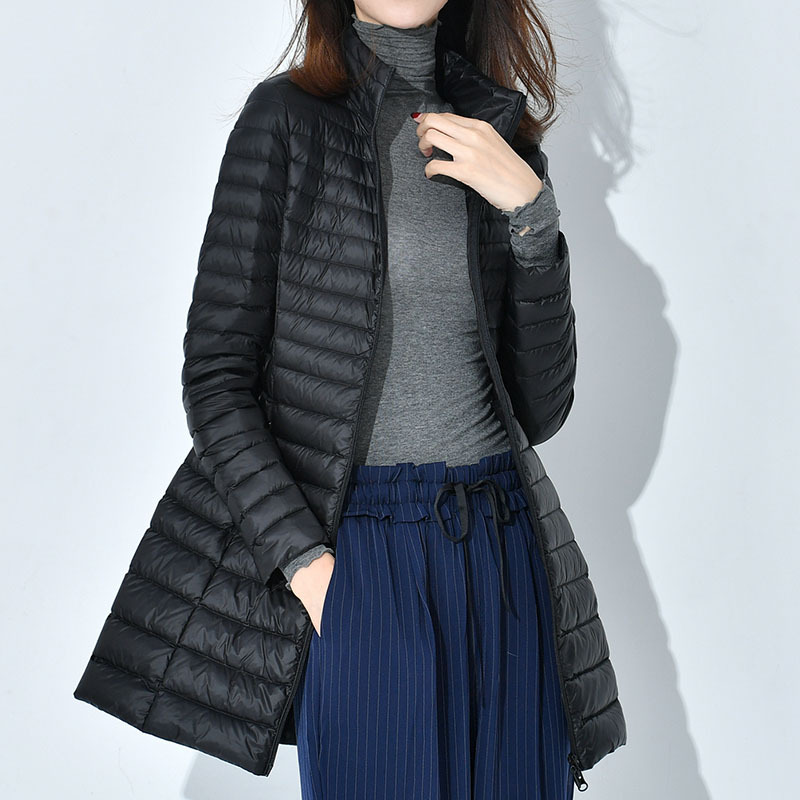 优品保暖冬季白鸭绒冬装轻薄羽绒服女中长款时尚轻便立领外套大码