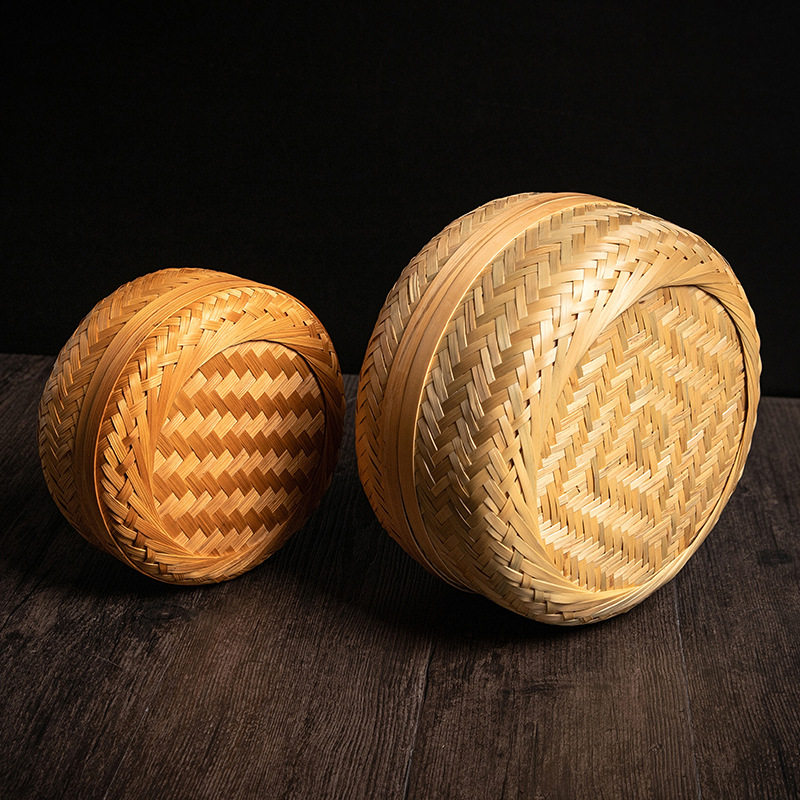 复古竹编圆形茶饼普洱茶盒分茶盒精编醒茶送礼包装盒七子饼收纳盒