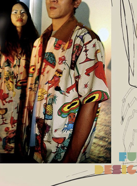 泰国小众设计 复古oversize宽松廓形雅痞印花短袖衬衫 时髦显瘦